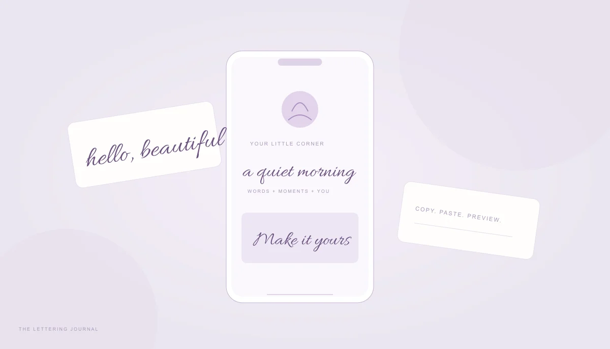 A phone profile mockup with a cursive biography and copyable text