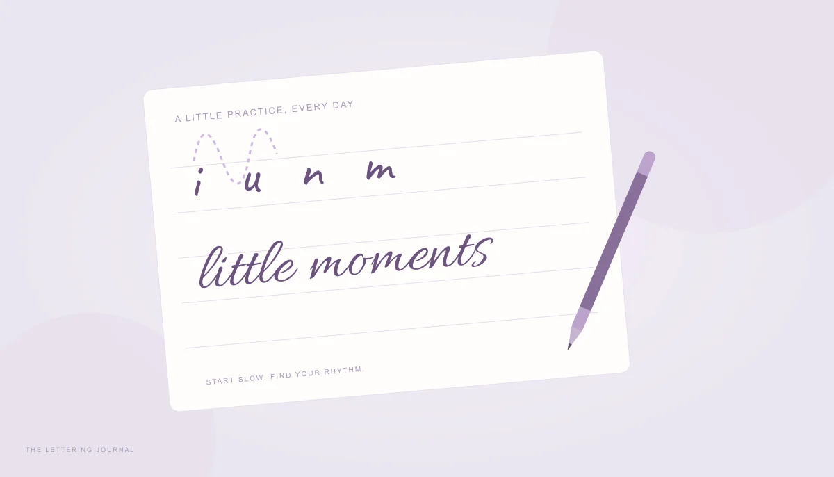 A ruled practice sheet with pen strokes and connected cursive words